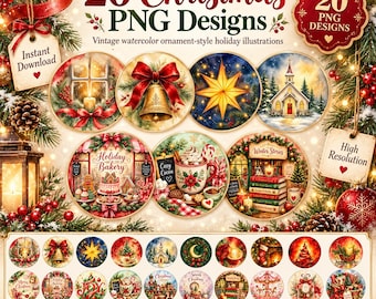 20 Vintage Christmas Ornament PNG Bundle | Watercolor Holiday Sublimation Designs