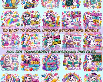 25 Back to School Unicorn PNG Bundle | Cute Kids School Stickers | Colorful Unicorn Clipart | Digital Download