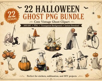 22 Halloween Ghost Sticker PNG Bundle, Cute Vintage Ghost Clipart, 300 DPI Transparent Digital Download