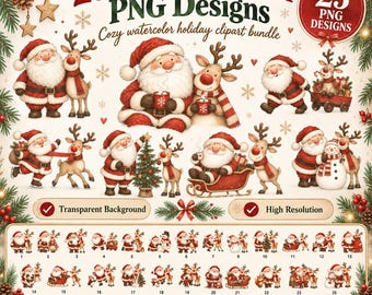 25 Santa & Reindeer Christmas PNG Bundle, Watercolor Holiday Clipart, Cute Transparent Christmas Designs