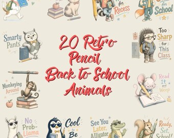 20 Retro Pencil Sketch Animal PNG Bundle | Back to School Kids Teacher Designs (Digital Download)