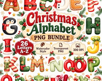 26 Christmas Alphabet PNG Bundle, Watercolor Holiday Letters, Cute A-Z Monogram Clipart