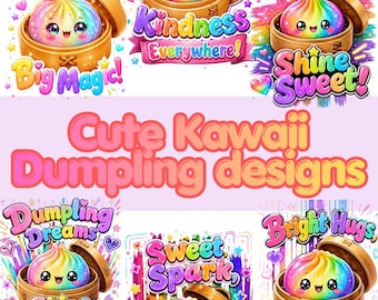 12 Cute Glitter Dumpling Bundle, Kawaii Rainbow Bun PNG, Positive Quote Clipart, Food Sticker, POD Sublimation