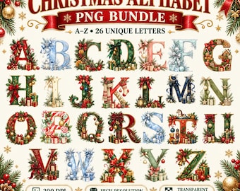 26 Christmas Alphabet PNG Bundle, Watercolor Holiday Letters, Festive A-Z Monogram & Sublimation Clipart