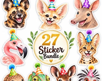 27 Cute African Safari Animals Birthday Clipart Bundle, Watercolor Party Animals PNG, 300 DPI Transparent Background, Kids Birthday Stickers