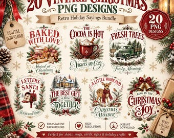 20 Vintage Christmas Sayings PNG Bundle, Retro Holiday Quotes, Watercolor Christmas Sublimation Clipart