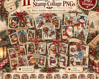 11 Vintage Christmas Stamp Collage PNG Bundle, Retro Holiday Ephemera, Junk Journal Scrapbook Clipart