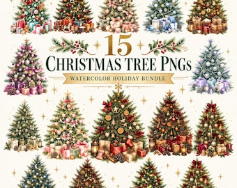 15 Watercolor Christmas Tree PNG Bundle, Festive Holiday Clipart, Decorated Xmas Tree Digital Download