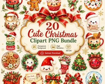 20 Cute Christmas Clipart PNG Bundle, Watercolor Holiday Graphics, Kawaii Christmas Elements, Instant Download