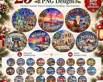 25 US State Christmas Ornament PNG Bundle | Travel Keepsake Holiday Designs