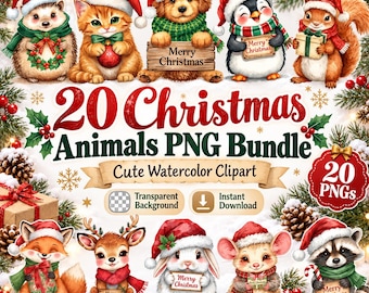 20 Christmas Animals PNG Bundle, Watercolor Holiday Clipart, Transparent Digital Download