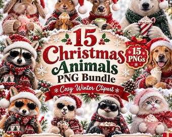 15 Christmas Animals PNG Bundle, Winter Clipart, Santa Hat Coffee Designs, Sublimation