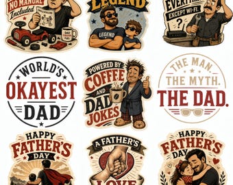 25 Father's Day Sticker Bundle PNG | Funny Dad Designs 300 DPI