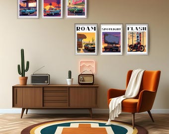 Retro Car Road Trip Art Print Set: Vintage Auto Desert Landscape (Digital Download)