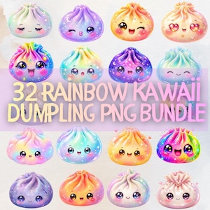 Può includere: Una collezione digitale di 32 illustrazioni di ravioli color arcobaleno con volti kawaii, grandi occhi espressivi, texture scintillanti e sfumature vivaci. Il testo 32 RAINBOW KAWAII DUMPLING PNG BUNDLE è centrato sopra le immagini.