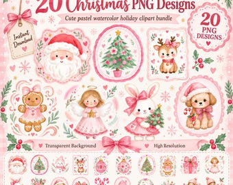20 Pink Christmas PNG Clipart Bundle | Cute Pastel Watercolor Holiday Designs