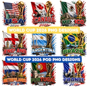Puede incluir: Una colección de diseños de la Copa del Mundo 2026 con banderas y monumentos de varios países. Cada diseño incluye un trofeo dorado y el nombre del país. Los diseños son para EE. UU., Canadá, México, Inglaterra, Argentina, Brasil, Países Bajos, Portugal y Francia.