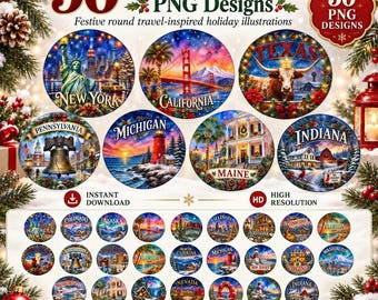 All 50 States Christmas Ornament Bundle, Watercolor State PNGs, USA Holiday Sublimation Designs, 300 DPI Transparent PNG Set