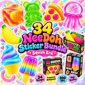 Può includere: Un set di 34 adesivi NeeDoh con illustrazioni colorate di giocattoli squishy tra cui un cubo, un orsetto gommoso, una fetta di pizza, una medusa, una banana, un gelato, un ghiacciolo e una scatola di frutta, con il testo 34 NeeDoh Sticker Bundle.