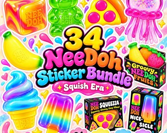 File PNG di immagini ispirate a NeeDoh, pacchetto di 34 adesivi Squish Era, Nice Cube, Swirl, Pizza, Gelato, Orsetto gommoso, Clipart di medusa