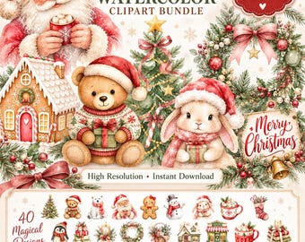 40 Christmas Watercolor PNG Clipart Bundle: Festive Characters, Decor & Holiday Sayings