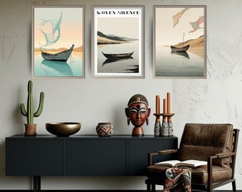 Coastal Boat Art Print Set of 3: Minimalist Nautical Decor (Digital Download)