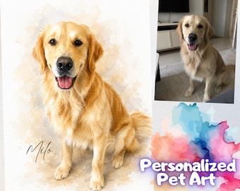 Custom Watercolor Pet Portrait, Personalized Digital Pet Art from Photo