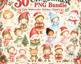 かわいいクリスマス水彩画PNG画像30点セット、ホリデーキャラクタークリップアート、エルフ、妖精、ノーム、昇華プリントデザイン
