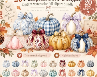 20 Watercolor Pumpkin PNG Bundle | Coquette Bow Fall Clipart