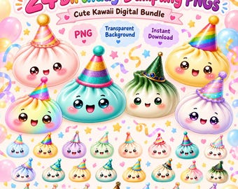 24 Kawaii Birthday Dumpling PNG Bundle, Cute Rainbow Party Clipart, Squishy Sublimation Designs