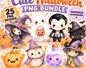 25 Cute Halloween PNG Bundle, Kawaii Watercolor Clipart, Ghost Witch Pumpkin & Spooky Characters