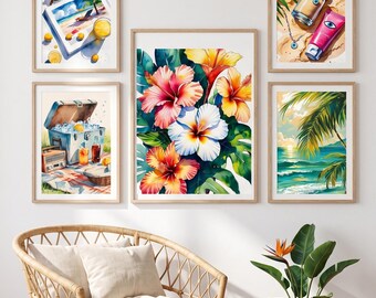 20 Summer Wall Art Prints, Tropical Watercolor Printable Decor, Beach Poster Bundle, Summer Fruit Wall Art, Digital Download Set