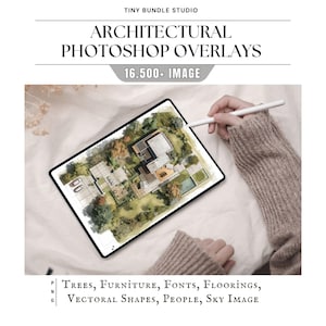 May include: An architectural design displayed on a tablet with a stylus. The image shows a house with trees, a pool, and a driveway. The text on the image says "ARCHITECTURAL PHOTOSHOP OVERLAYS" and "16.500+ IMAGE". Additional text lists "TREES, FURNITURE, FONTS, FLOORINGS, VECTORAL SHAPES, PEOPLE, SKY IMAGE".