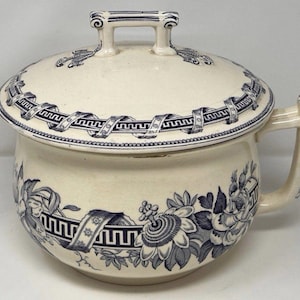 Victorian Blue And White Transferware Chamber Pot & Lid  No Chips Or Cracks