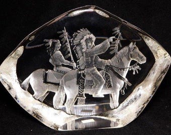 Mats Jonasson Signed Lead Crystal Native Americans & Horses Sculpture # 33795