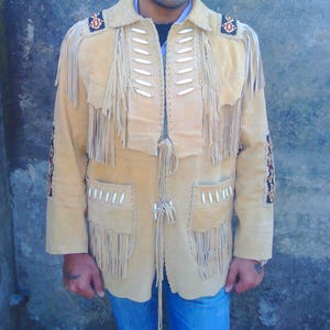 New Arrival Men&#39;s Traditional Western Cowboy Beige  Leather Jacket Coat With Fringes And Beads - Leather Jacket Vintage  Handcrafted Jacket