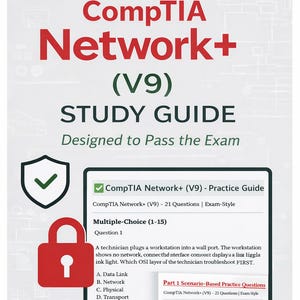 Könnte beinhalten: Ein digitaler Studienführer für die CompTIA Network+ (V9) Zertifizierungsvorbereitung. Das Bild zeigt einen rot-weißen Titel, ein Schlosssymbol und Übungsfragen. Der Leitfaden soll beim Bestehen der Prüfung helfen und steht zum sofortigen digitalen Download bereit.