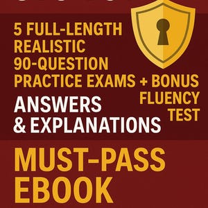 May include: A maroon ebook cover with white and yellow text. The title reads "Security+ SYO-701". Additional text includes "5 Full-Length Realistic 90-Question Practice Exams + Bonus Fluency Test Answers & Explanations Must-Pass Ebook". A gold shield with a keyhole is also present.