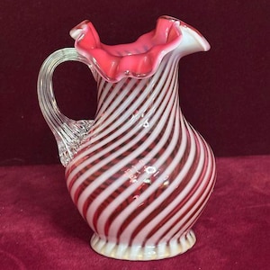 Antique Northwood Glass Company cranberry opalescent spiral optic swirl mini pitcher 5 1/2"