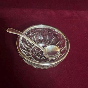 May include: A clear glass bowl with a silver rim and a silver spoon. The bowl has a starburst pattern on the outside. The spoon is resting inside the bowl.