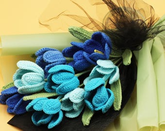 Crochet Tulip Bouquet: Handmade blue  tulip  Floral Arrangement