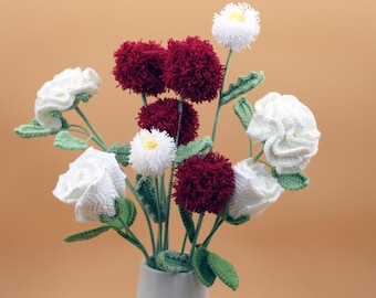 Crochet red pink rose bouquet, Knitted Birthday Flower Gift for