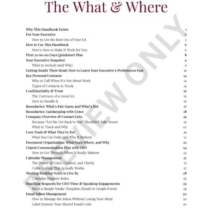 May include: A handbook titled "The What & Where" with a table of contents. The cover and pages are white with black text. The handbook covers topics like executive assistance, calendar management, and email inbox management.