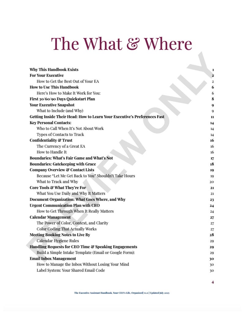 May include: A handbook titled "The What & Where" with a table of contents. The cover and pages are white with black text. The handbook covers topics like executive assistance, calendar management, and email inbox management.