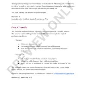May include: A white handbook page with the text "Thank You :)" at the top. The page includes copyright information, usage guidelines, and contact details. The handbook is titled "The Executive Assistant Handbook, Your CEO's Life, Organized".