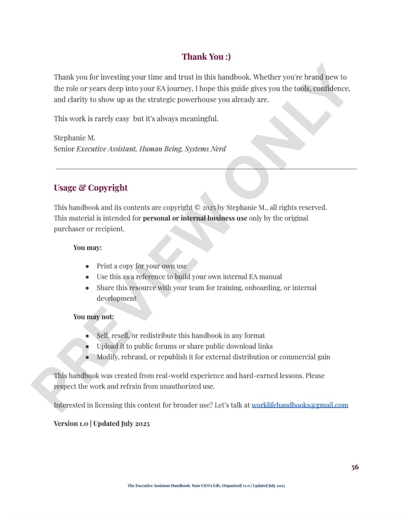 May include: A white handbook page with the text "Thank You :)" at the top. The page includes copyright information, usage guidelines, and contact details. The handbook is titled "The Executive Assistant Handbook, Your CEO's Life, Organized".