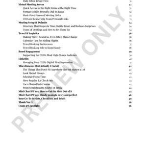 May include: A printed page from "The Executive Assistant Handbook" with a table of contents. The text includes topics like "Virtual Meeting Access," "Travel & Logistics," and "Mini ChatGPT 101." The page is white with black text.