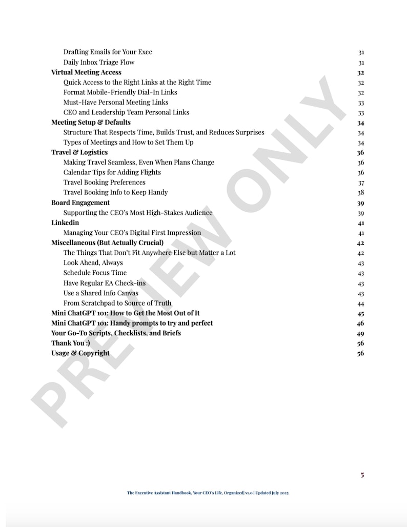 May include: A printed page from "The Executive Assistant Handbook" with a table of contents. The text includes topics like "Virtual Meeting Access," "Travel & Logistics," and "Mini ChatGPT 101." The page is white with black text.