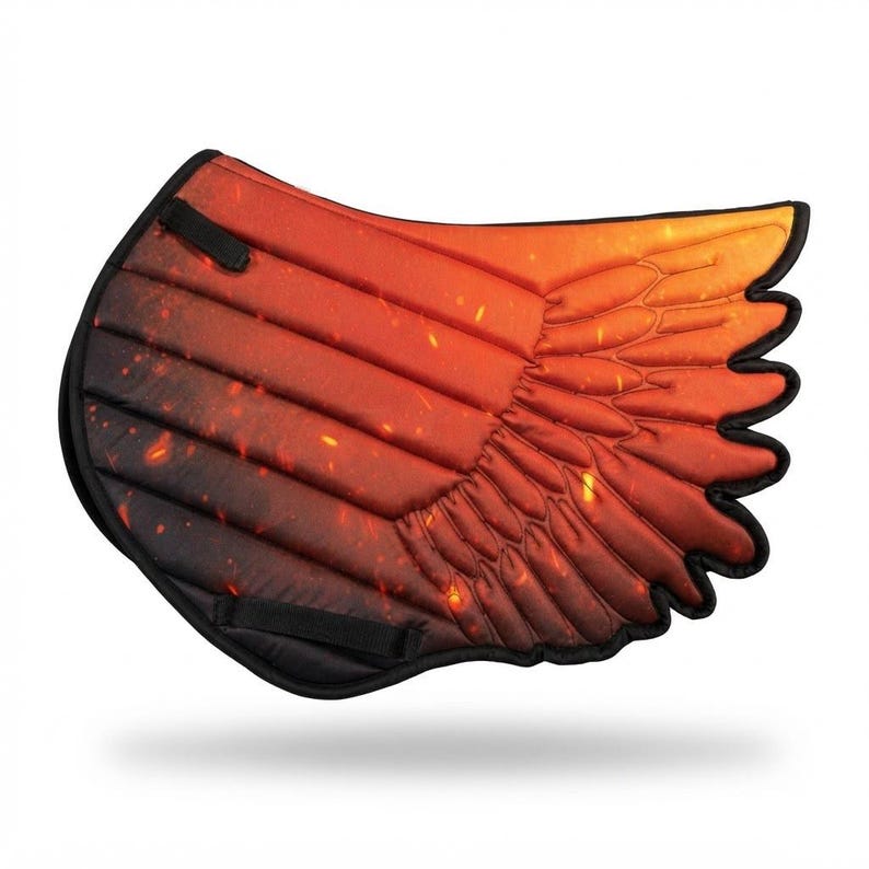 May include: A quilted saddle pad shaped like a wing with a gradient color pattern transitioning from black to orange and yellow. The surface features a printed fire and ember graphic throughout, with black trim and two black attachment straps.