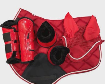 Red Horse Saddle Pad Set Including Fly Veil Brushing Boots Bell Boots Pony Cob Full